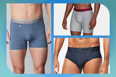 collage of men's athletic underwear on a blue-green background