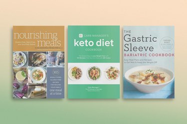 a collage of some of the best weight-loss cookbooks including nourishing meals and the keto diet on a light orange and green background
